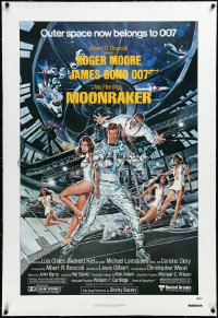 4d0670 MOONRAKER linen 1sh 1979 Goozee art of Roger Moore as James Bond, Kiel as Jaws & sexy ladies!