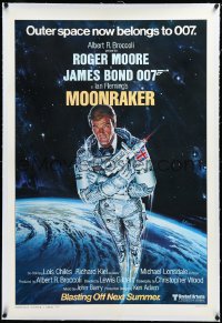 4d0671 MOONRAKER linen style A advance 1sh 1979 art of Roger Moore as Bond in space by Daniel Goozee!