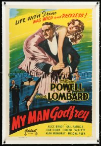 4d0675 MY MAN GODFREY linen 1sh R1948 great art of William Powell carrying sexy Carole Lombard, rare!