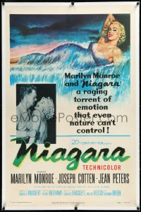 4d0679 NIAGARA linen 1sh 1953 classic art of giant sexy Marilyn Monroe on famous waterfall + photo!