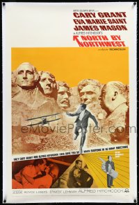4d0683 NORTH BY NORTHWEST linen 1sh R1966 Cary Grant w/cropduster & Mt. Rushmore, Hitchcock shown!