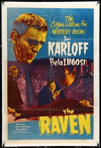 4d0709 RAVEN linen 1sh R1949 Boris Karloff & Bela Lugosi in Edgar Allan Poe horror classic, rare!