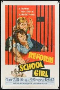 4d0710 REFORM SCHOOL GIRL linen 1sh 1957 classic AIP bad girl catfight behind prison cell bars art!
