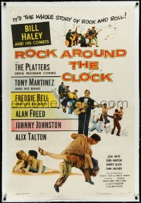 4d0714 ROCK AROUND THE CLOCK linen 1sh 1956 Bill Haley & His Comets, The Platters, Alan Freed!