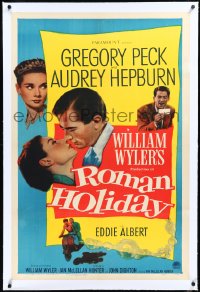 4d0716 ROMAN HOLIDAY linen 1sh 1953 Audrey Hepburn & Gregory Peck about to kiss and riding on Vespa!