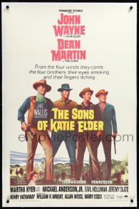 4d0727 SONS OF KATIE ELDER linen 1sh 1965 line up of John Wayne, Dean Martin & more + Martha Hyer!