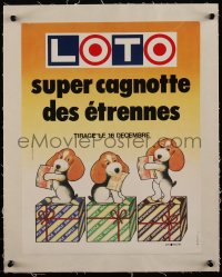 4d0491 FRANCAISE DES JEUX linen 12x16 French lottery poster 1980s art of cute dogs with tickets!