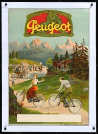 4d0383 PEUGEOT linen 20x29 Swiss advertising poster 1910s art of people riding bicycles in mountains!