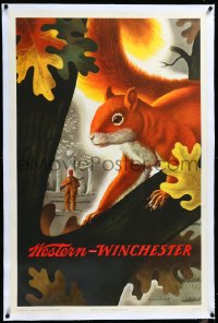 4d0384 WINCHESTER linen 28x43 advertising poster 1955 Pursell art of hunter & squirrel, very rare!