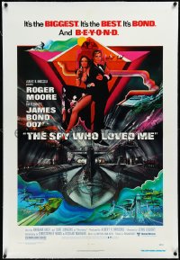 4d0731 SPY WHO LOVED ME linen 1sh 1977 art of Roger Moore as James Bond & Barbara Bach by Bob Peak!
