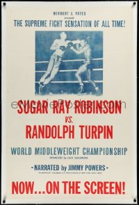 4d0737 SUGAR RAY ROBINSON VS. RANDOLPH TURPIN linen 1sh 1951 middleweight championship boxing, rare!