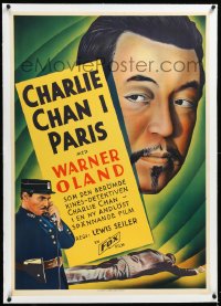 4d0355 CHARLIE CHAN IN PARIS linen Swedish 1935 cool art of Asian Warner Oland & victim, ultra rare!