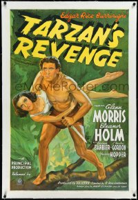 4d0740 TARZAN'S REVENGE linen 1sh 1938 great stone litho of Glenn Morris carrying Eleanor Holm, rare!