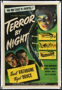 4d0742 TERROR BY NIGHT linen 1sh 1946 Basil Rathbone is Sherlock Holmes, Nigel Bruce as Dr. Watson!