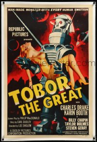 4d0751 TOBOR THE GREAT linen 1sh 1954 man-made funky robot with human emotions carrying sexy girl!