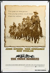 4d0754 TRAIN ROBBERS linen style B 1sh 1973 cowboy John Wayne & Ann-Margret with others on horseback!
