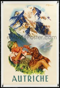 4d0466 AUSTRIA linen 24x37 Austrian travel poster 1950s Aigner art of boy & dog in the Alps, rare!