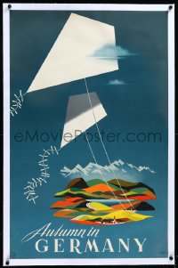 4d0467 AUTUMN IN GERMANY linen 25x39 German travel poster 1950s Eckart art of kites over countryside!