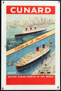 4d0469 CUNARD LINE linen 25x40 English travel poster 1950s cruise from Europe to all America, rare!