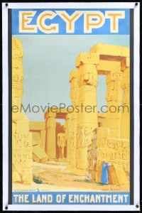 4d0470 EGYPT THE LAND OF ENCHANTMENT linen 25x39 Egyptian travel poster 1930s Breval art of ruins!