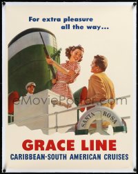 4d0474 GRACE LINE linen 23x30 travel poster 1950s Caribbean cruise, extra pleasure all the way, rare