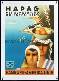 4d0475 HAMBURG AMERICA LINE linen 24x34 German travel poster 1930s Arpke art of of Mediterranean women!
