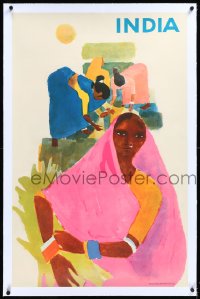 4d0476 INDIA linen 25x39 Indian travel poster 1960s great artwork of women working in a field, rare!