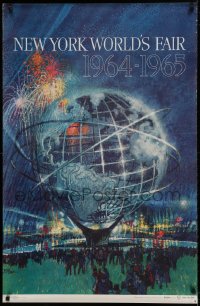 4d0257 NEW YORK WORLD'S FAIR 28x43 travel poster 1961 art of the Unisphere & fireworks by Bob Peak!