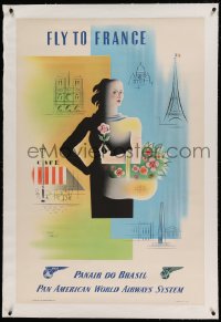 4d0480 PAN AMERICAN FRANCE linen 28x42 travel poster 1949 Jean Carlu art of woman & landmarks, rare!