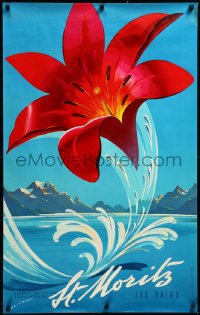 4d0267 ST. MORITZ 25x40 Swiss travel poster 1958 Martin Peikert art of red lily over water, rare!