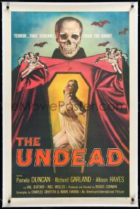 4d0755 UNDEAD linen 1sh 1957 Albert Kallis art of huge skeleton & sexy Pamela Duncan, Roger Corman!