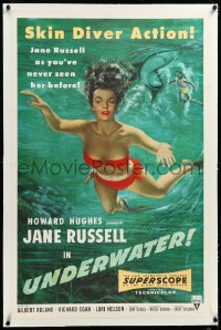 4d0757 UNDERWATER linen 1sh 1955 Howard Hughes, art of sexiest skin diver Jane Russell by shark!