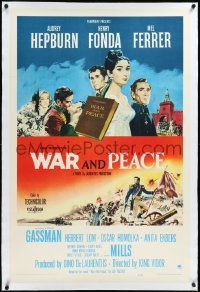 4d0762 WAR & PEACE linen 1sh 1956 art of Audrey Hepburn, Henry Fonda & Mel Ferrer, Leo Tolstoy epic!