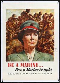4d0449 BE A MARINE linen 28x40 WWII war poster 1943 U.S. Marine Corps Women's Reserve, cool & rare!