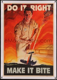 4d0454 DO IT RIGHT MAKE IT BITE linen 28x41 WWII war poster 1942 Beall art of crashed plane & worker!