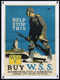 4d0460 HELP STOP THIS linen 21x28 WWI war poster 1917 Treidler art, keep him out of America, rare!