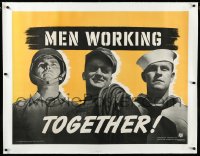 4d0461 MEN WORKING TOGETHER linen 30x40 WWII war poster 1941 soldiers & factory workers do their part!