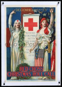 4d0462 RED CROSS CHRISTMAS ROLL CALL linen 19x28 WWI poster 1918 art of nurse & Columbia by Blashford!