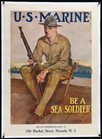 4d0464 U.S. MARINE BE A SEA SOLDIER linen 29x39 WWI war poster 1917 Clarence F. Underwood art, rare!