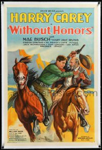 4d0773 WITHOUT HONOR linen 1sh 1932 great art of Harry Carey attacking sheriff on horse, ultra rare!