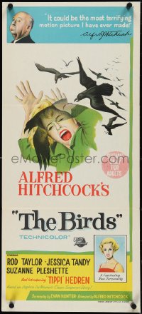 4f0406 BIRDS Aust daybill 1963 director Alfred Hitchcock shown, Tippi Hedren, attack artwork!