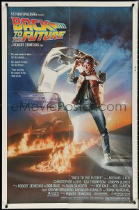 4f0697 BACK TO THE FUTURE studio style 1sh 1985 art of Michael J. Fox & Delorean by Drew Struzan!