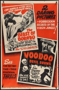 4f0701 BEAST OF BORNEO /VOODOO DEVIL DRUMS 1sh 1940s Toddy Pictures daring sexational horror double-bill, ultra rare!