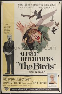 4f0710 BIRDS 1sh 1963 director Alfred Hitchcock shown, Tippi Hedren, classic intense attack art!