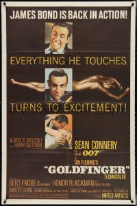 4f0798 GOLDFINGER 1sh 1964 three images of Sean Connery as James Bond 007 with a flat finish!