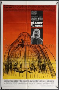 4f0935 PLANET OF THE APES 1sh 1968 Charlton Heston, classic sci-fi, cool art of caged humans!
