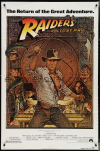 4f0945 RAIDERS OF THE LOST ARK 1sh R1982 great Richard Amsel art of adventurer Harrison Ford!