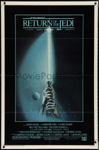 4f0947 RETURN OF THE JEDI 1sh 1983 George Lucas, art of hands holding lightsaber by Reamer!