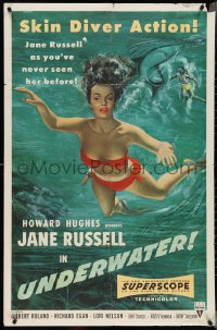 4f1016 UNDERWATER 1sh 1955 Howard Hughes, art of sexiest skin diver Jane Russell swimming by shark!