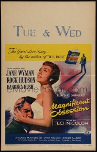 4f0066 MAGNIFICENT OBSESSION WC 1954 artwork of Jane Wyman holding Rock Hudson, Douglas Sirk